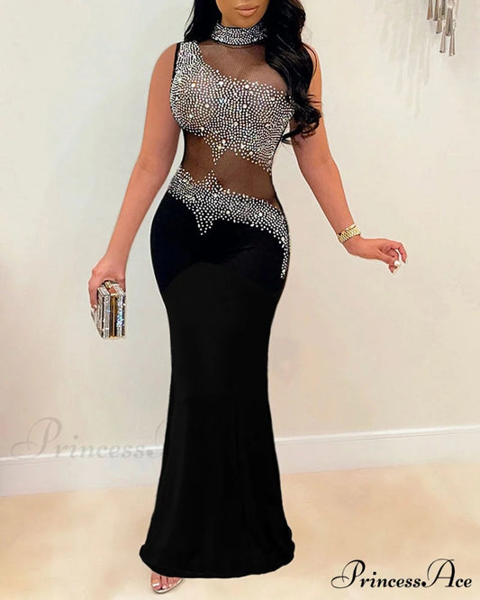 Mesh with Rhinestone Gown Formal Elegant Gown Full-Length Splicing Black / S