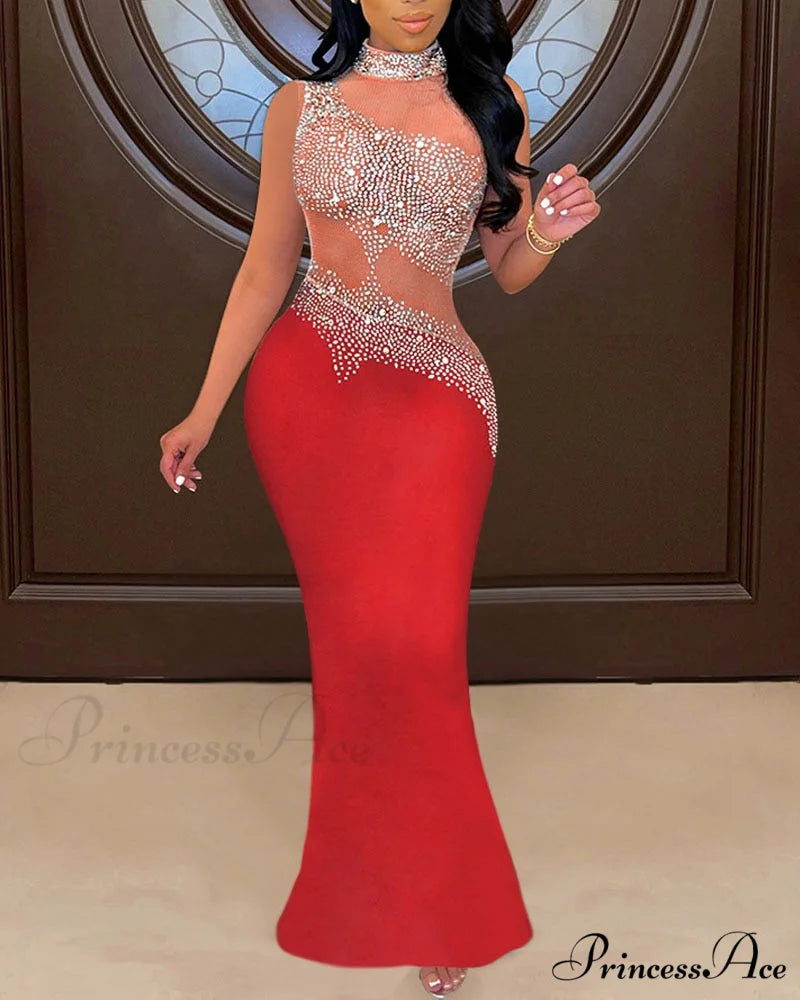 Mesh with Rhinestone Gown Formal Elegant Gown Full-Length Splicing Red / S