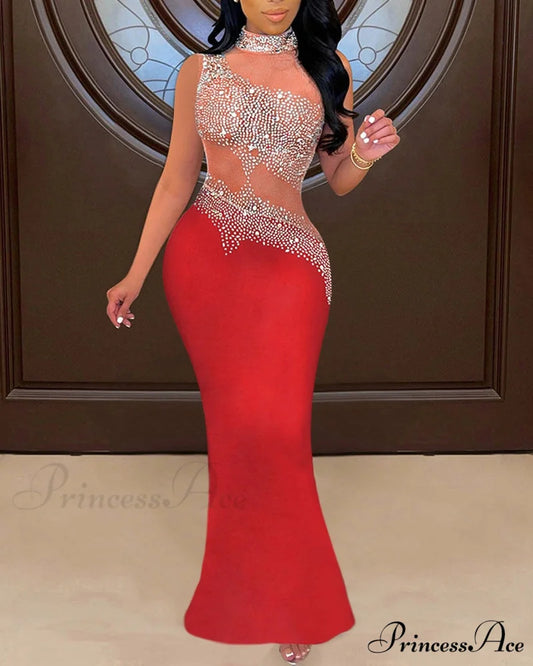 Mesh with Rhinestone Gown Formal Elegant Gown Full-Length Splicing Red / S