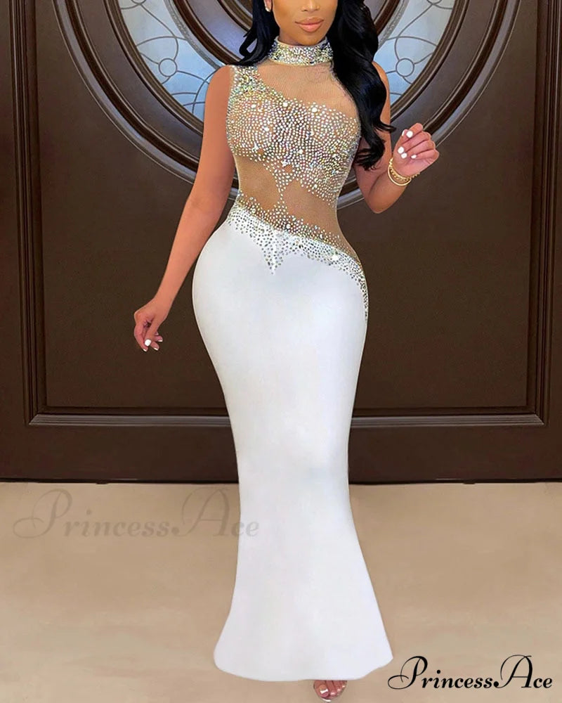 Mesh with Rhinestone Gown Formal Elegant Gown Full-Length Splicing White / S