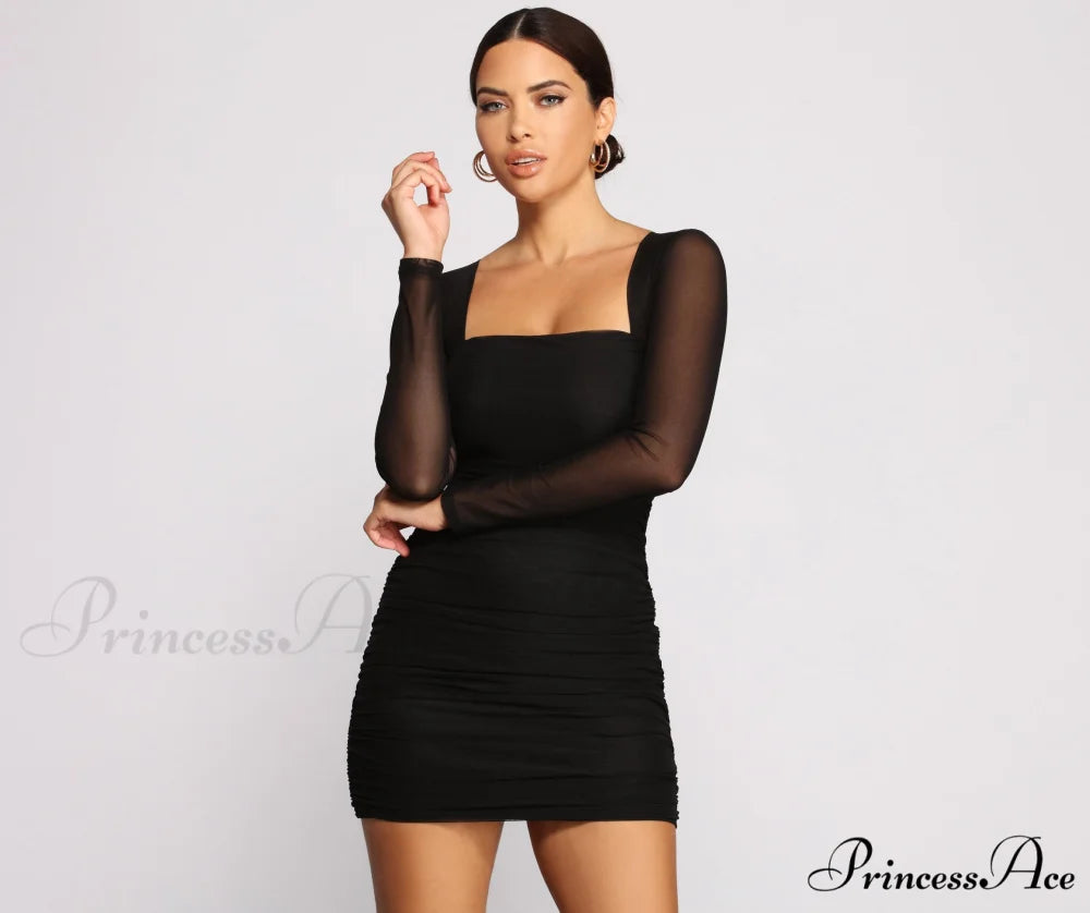 Mesmerize In Mesh Charming Ruched Mini Dress BLACK / XS