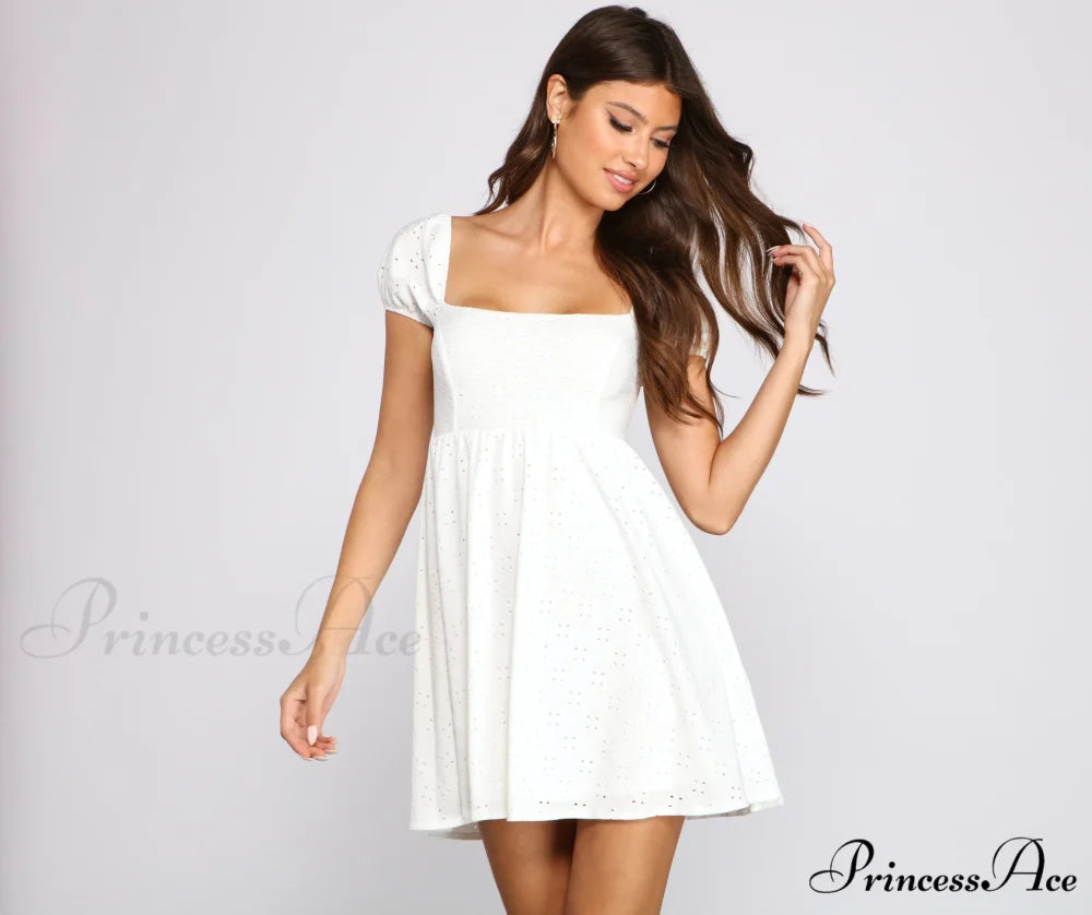 Mesmerizing Beauty Puff Charming Sleeve Eyelet Skater Dress WHITE / XS