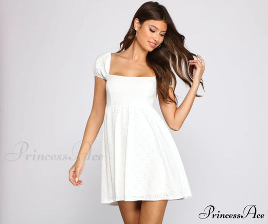 Mesmerizing Beauty Puff Charming Sleeve Eyelet Skater Dress WHITE / XS