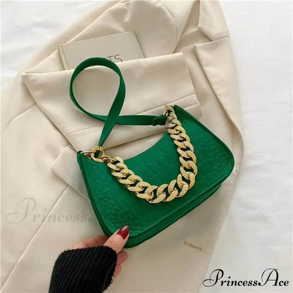 Metal Chain Shoulder Handbag Stylish Clutch Green handbag-250126