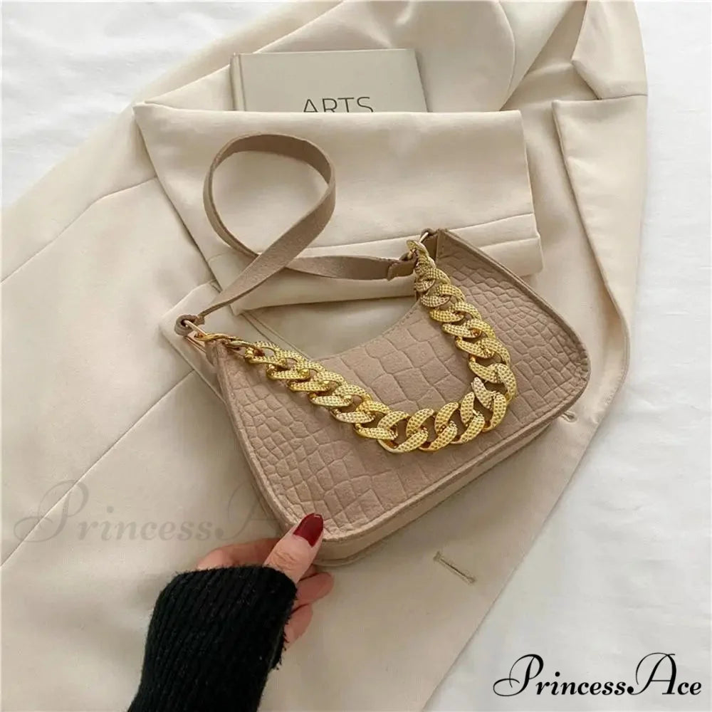 Metal Chain Shoulder Handbag Stylish Clutch Khaki handbag-250126