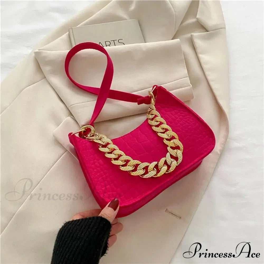 Metal Chain Shoulder Handbag Stylish Clutch Rose Red handbag-250126