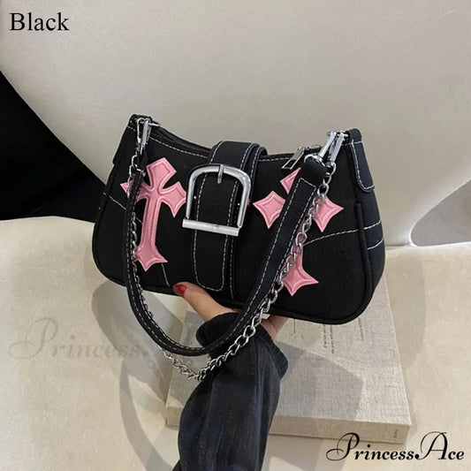 Metal Clasp Canvas Shoulder Bag Black shoulder-250126