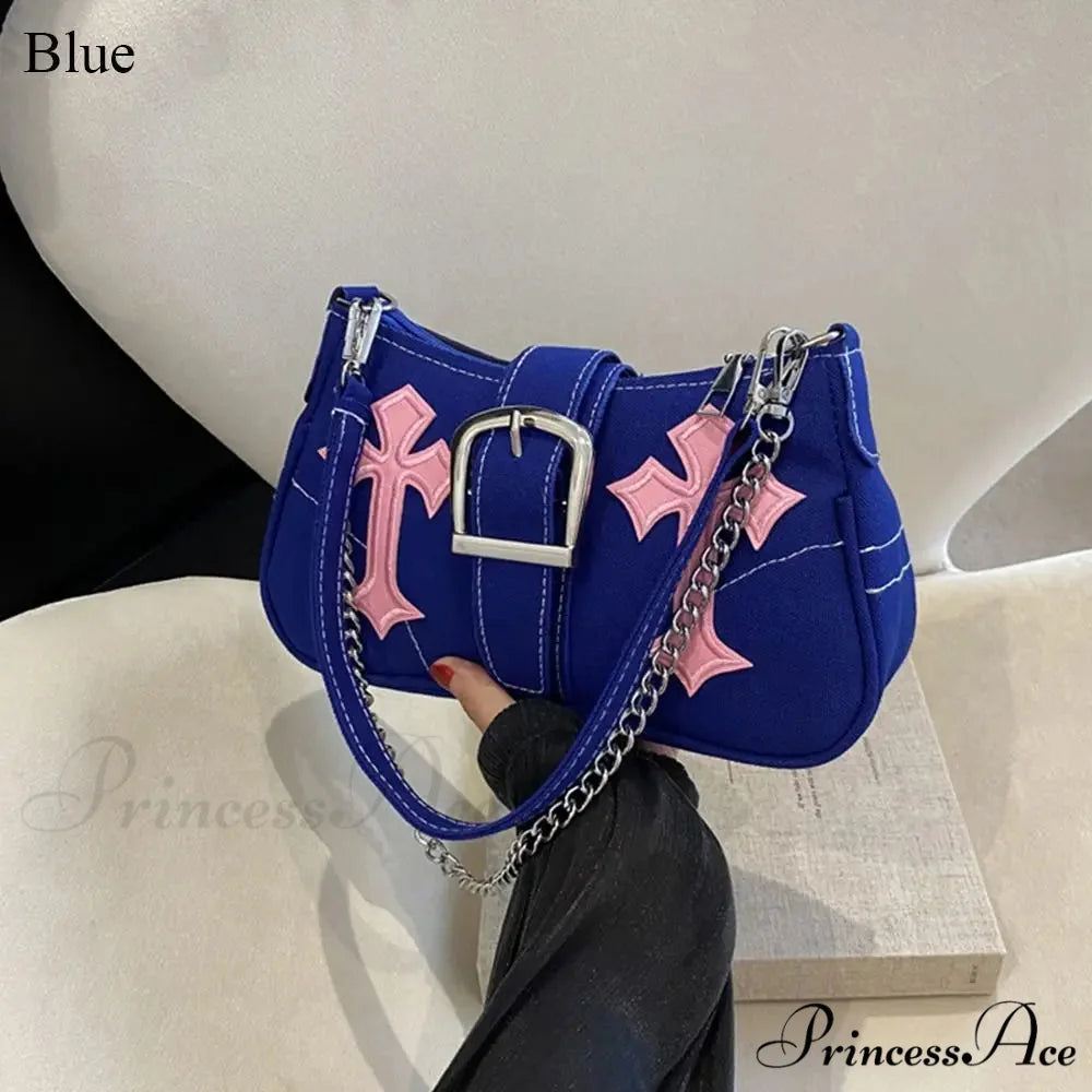 Metal Clasp Canvas Shoulder Bag Blue shoulder-250126