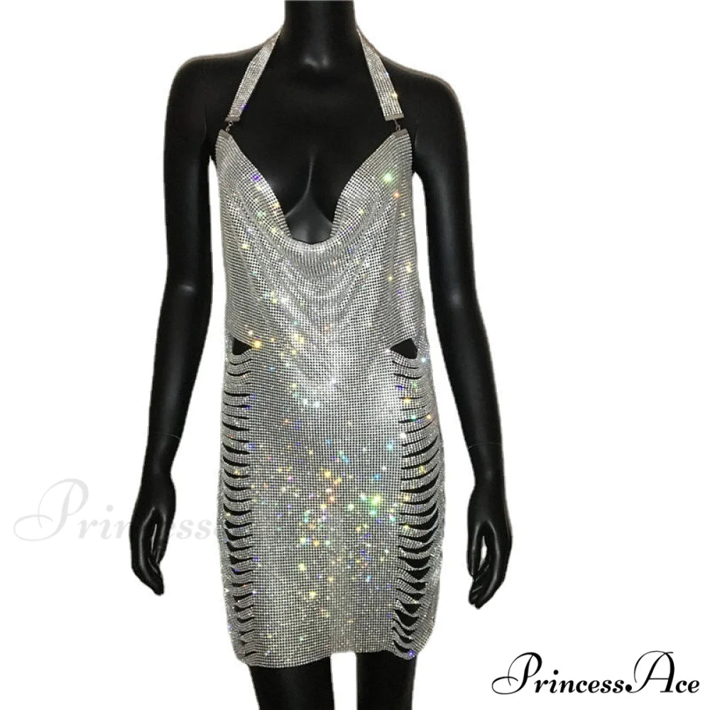Metal Diamond Nightclub Sexy Backless Flash Dress L / Black