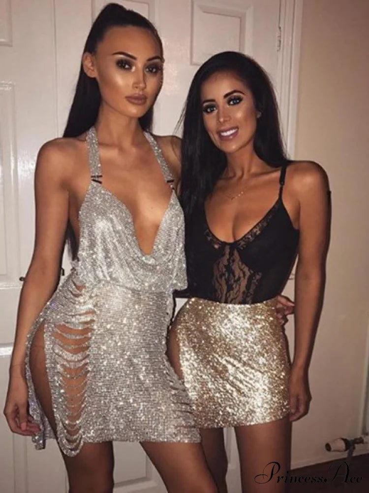 Metal Diamond Nightclub Sexy Backless Flash Dress M / Black