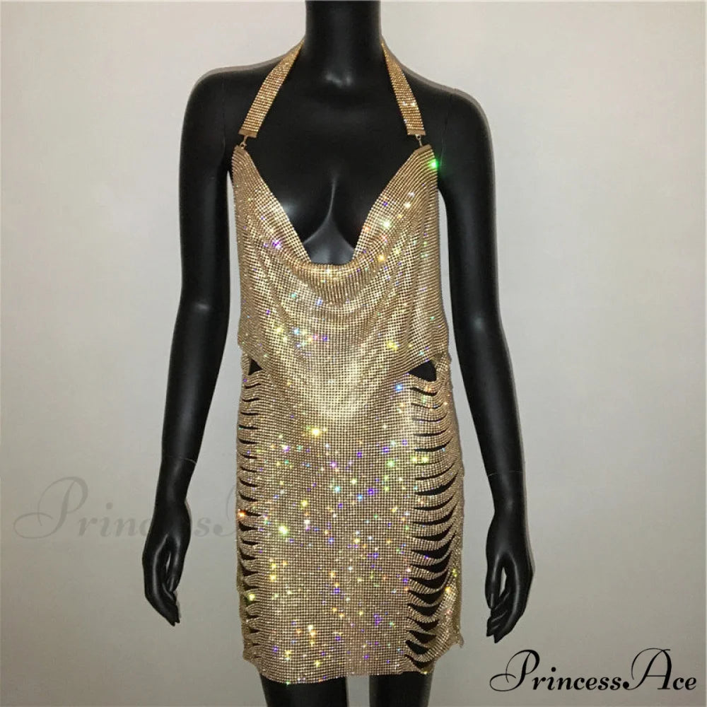 Metal Diamond Nightclub Sexy Backless Flash Dress M / Gold