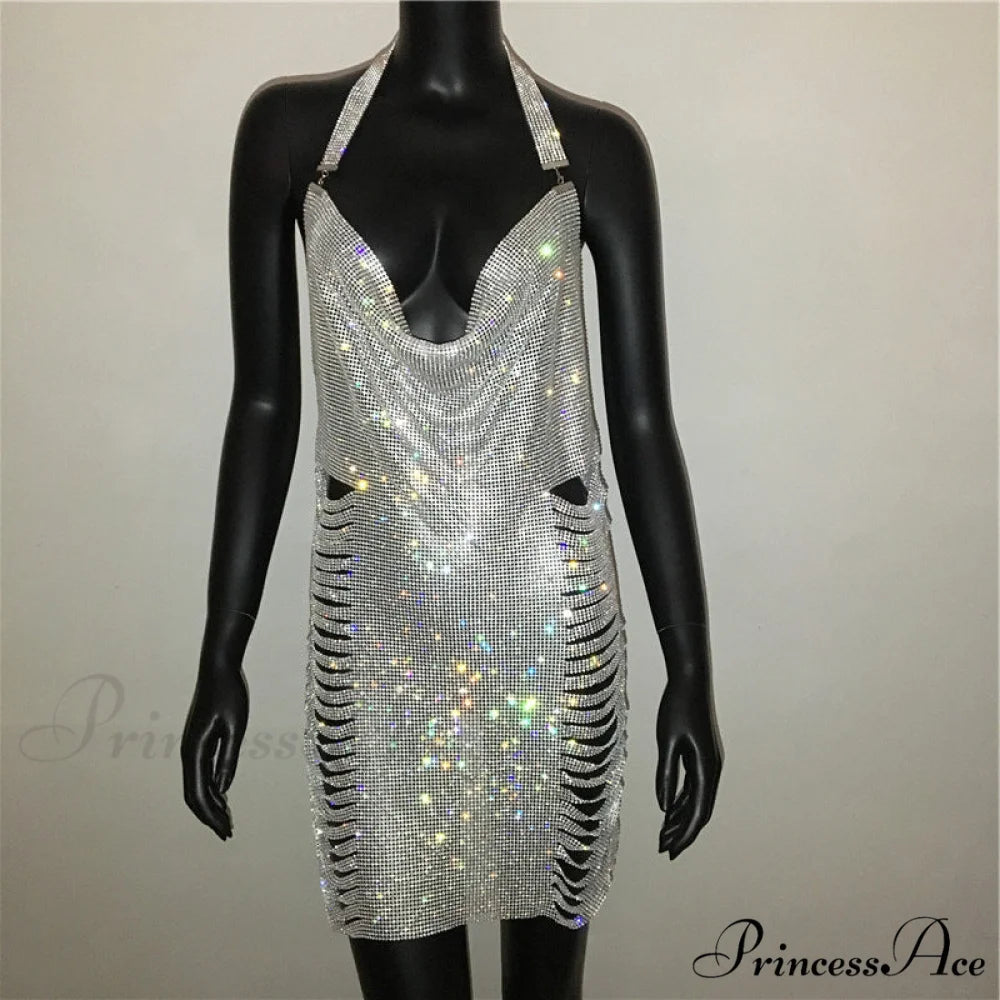 Metal Diamond Nightclub Sexy Backless Flash Dress M / Silver