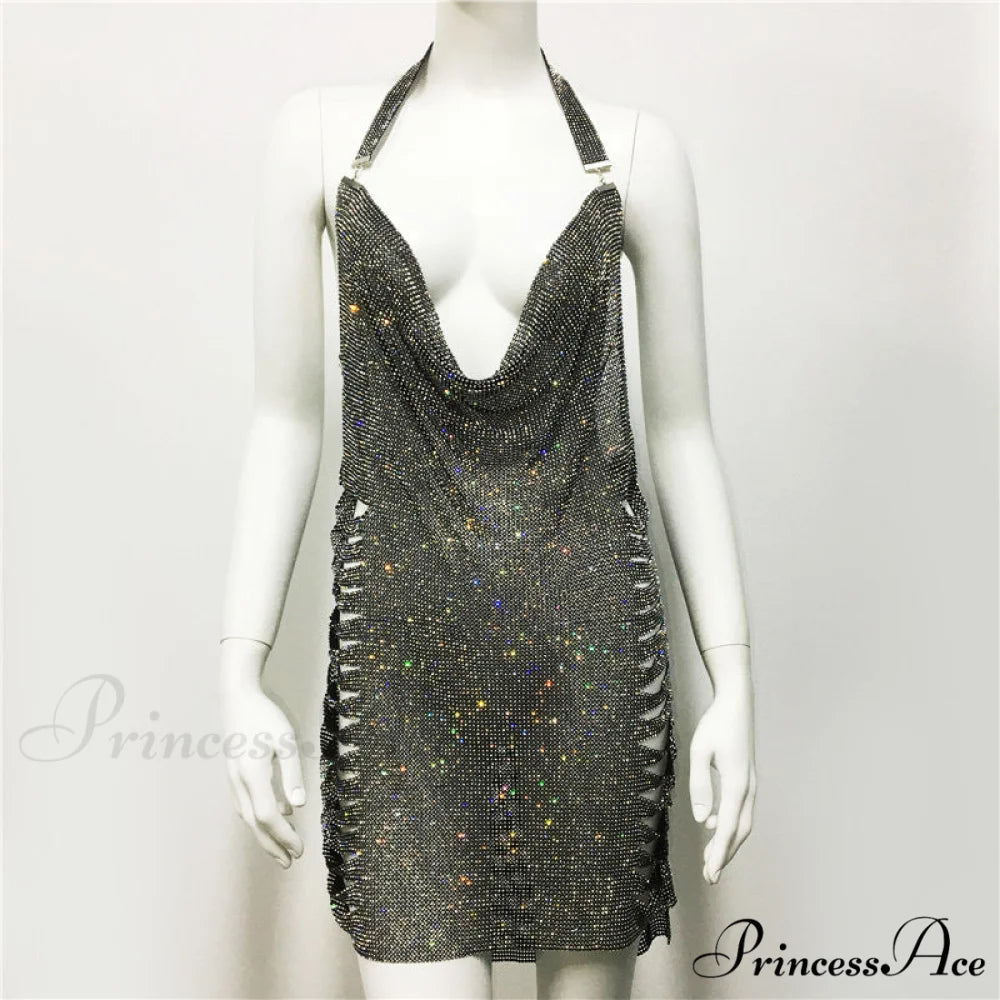 Metal Diamond Nightclub Sexy Backless Flash Dress S / Silver