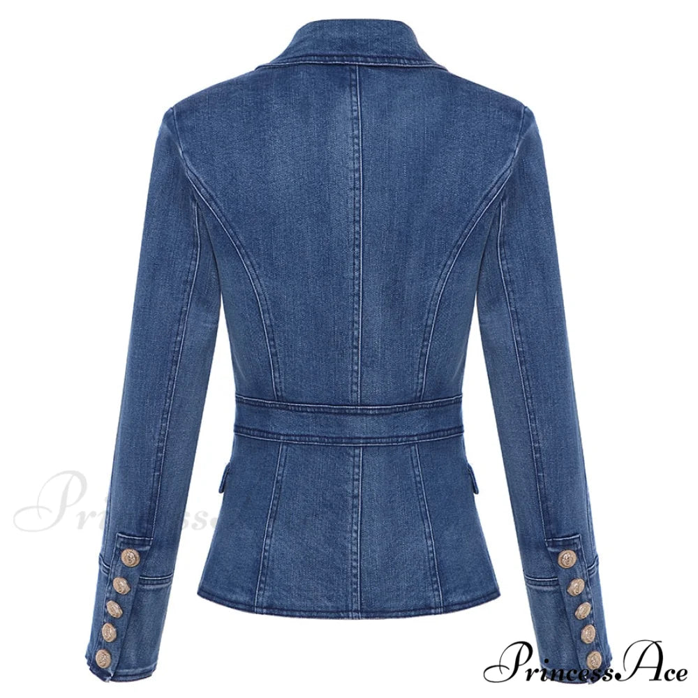 Metal Lion Buttons Double Breasted Denim Blazer