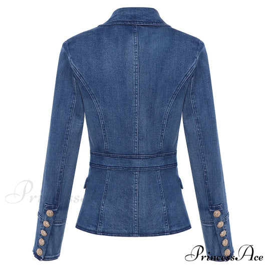 Metal Lion Buttons Double Breasted Denim Blazer