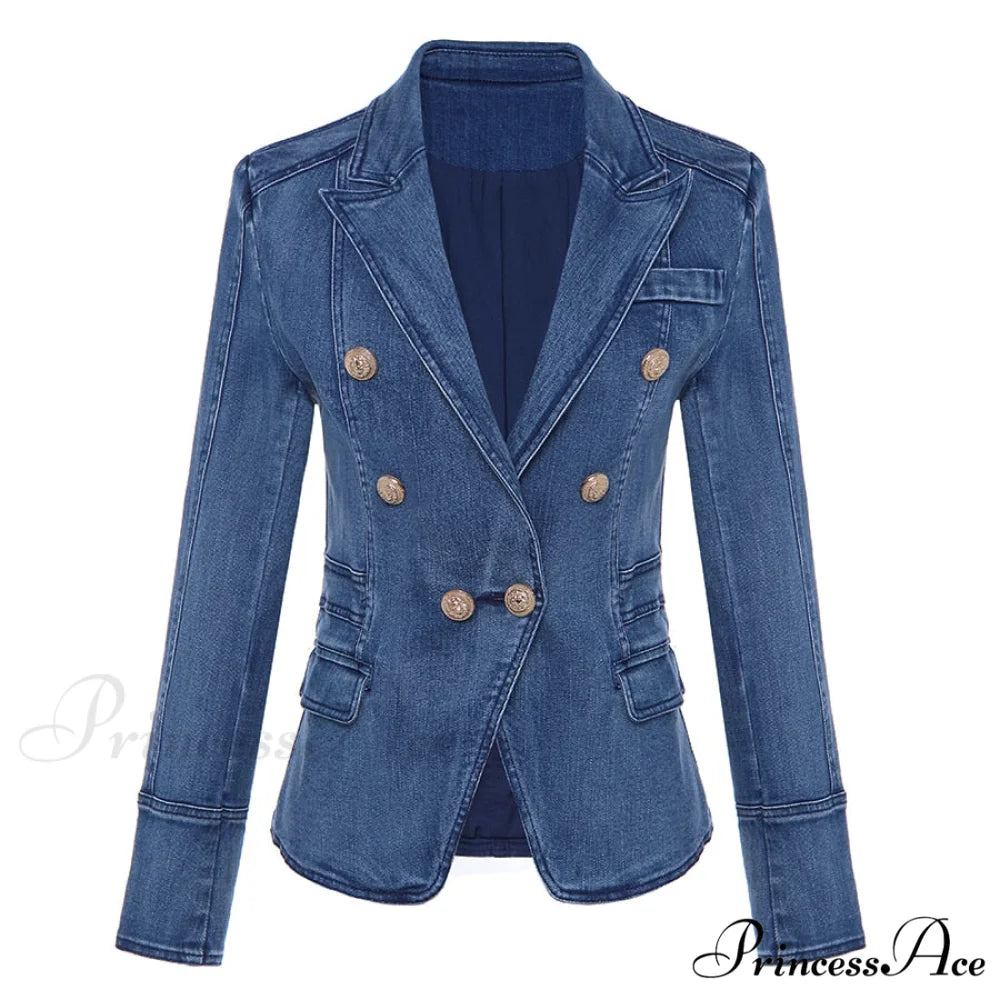 Metal Lion Buttons Double Breasted Denim Blazer denim blue / S