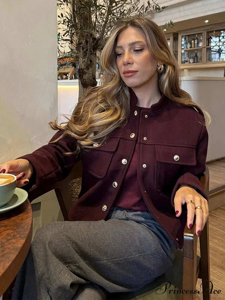 Metal Solitary Fronted Maroon Bomber Jacket coats-241228