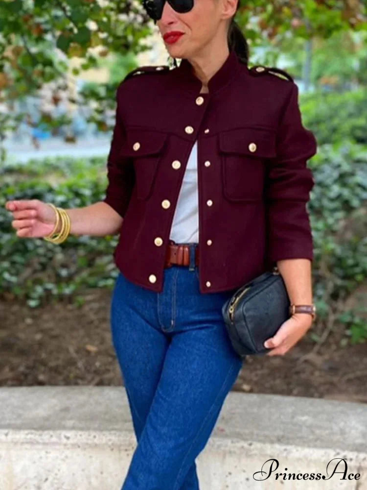Metal Solitary Fronted Maroon Bomber Jacket coats-241228