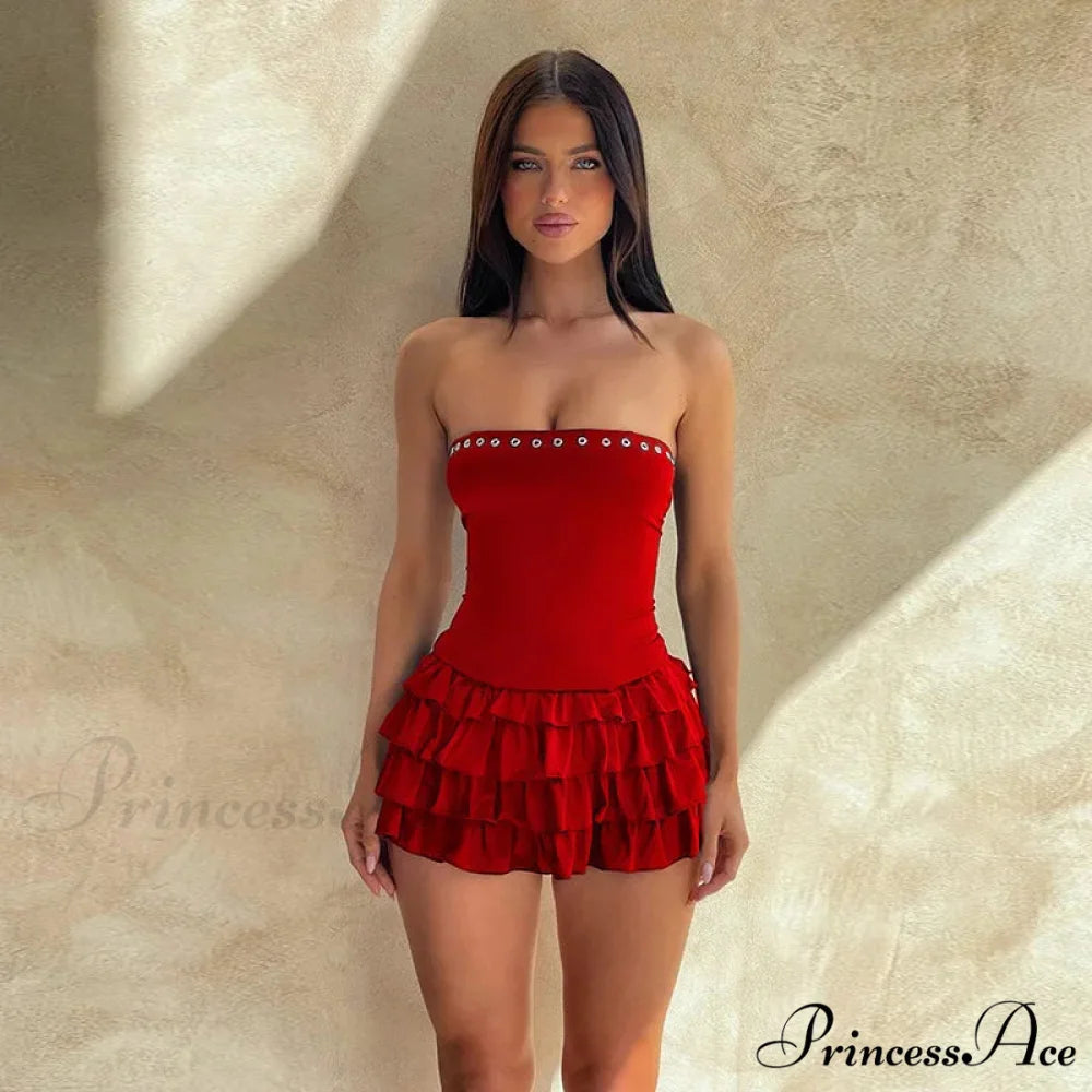 Metal Waist Wrap A-line Gown Holiday Dress Red / S vacationdress-250223