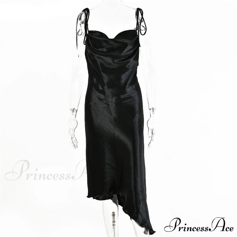 Metallic Satin Straps Long Dress Black / S
