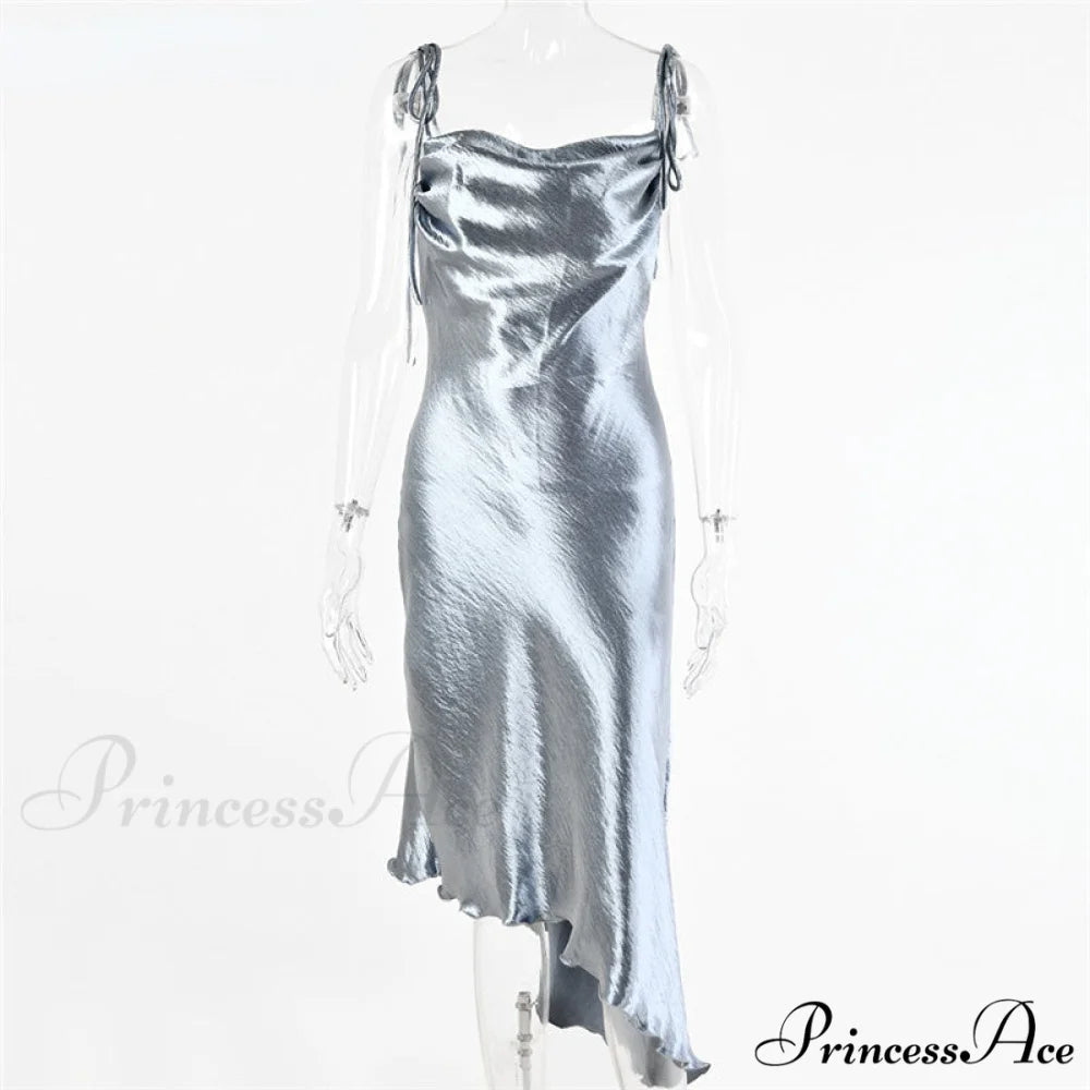 Metallic Satin Straps Long Dress Gray / S