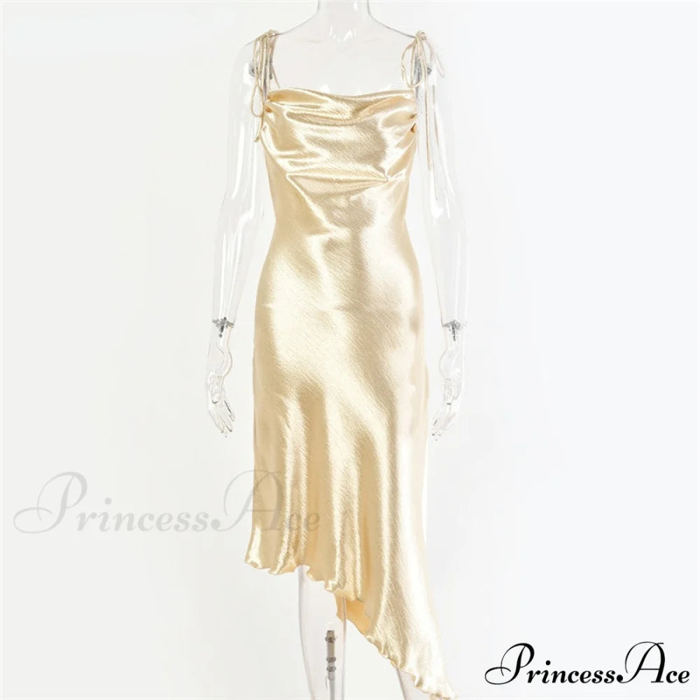 Metallic Satin Straps Long Dress Khaki / S