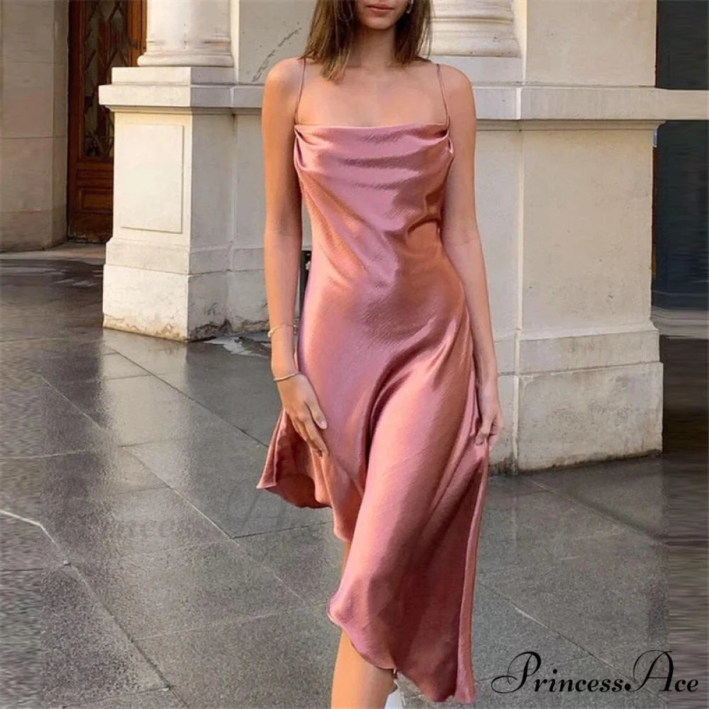 Metallic Satin Straps Long Dress Pink / S