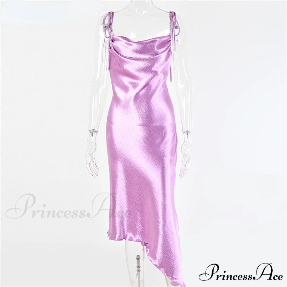 Metallic Satin Straps Long Dress Purple / S