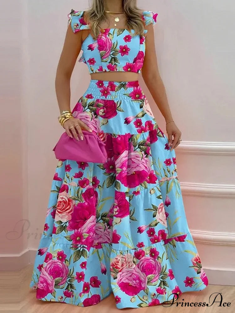 Mid Waist Swing Skirt and Career Two Piece Dress Suit S / Floral