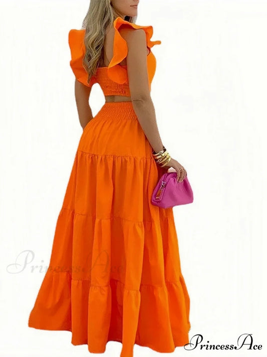Mid Waist Swing Skirt and Career Two Piece Dress Suit S / Orange