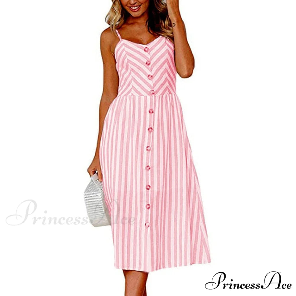 Midi Button Backless Polka Dot Striped Dress