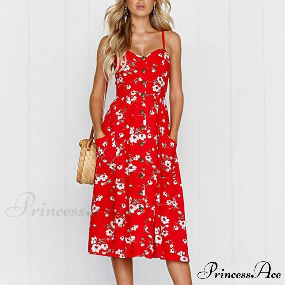 Midi Button Backless Polka Dot Striped Dress