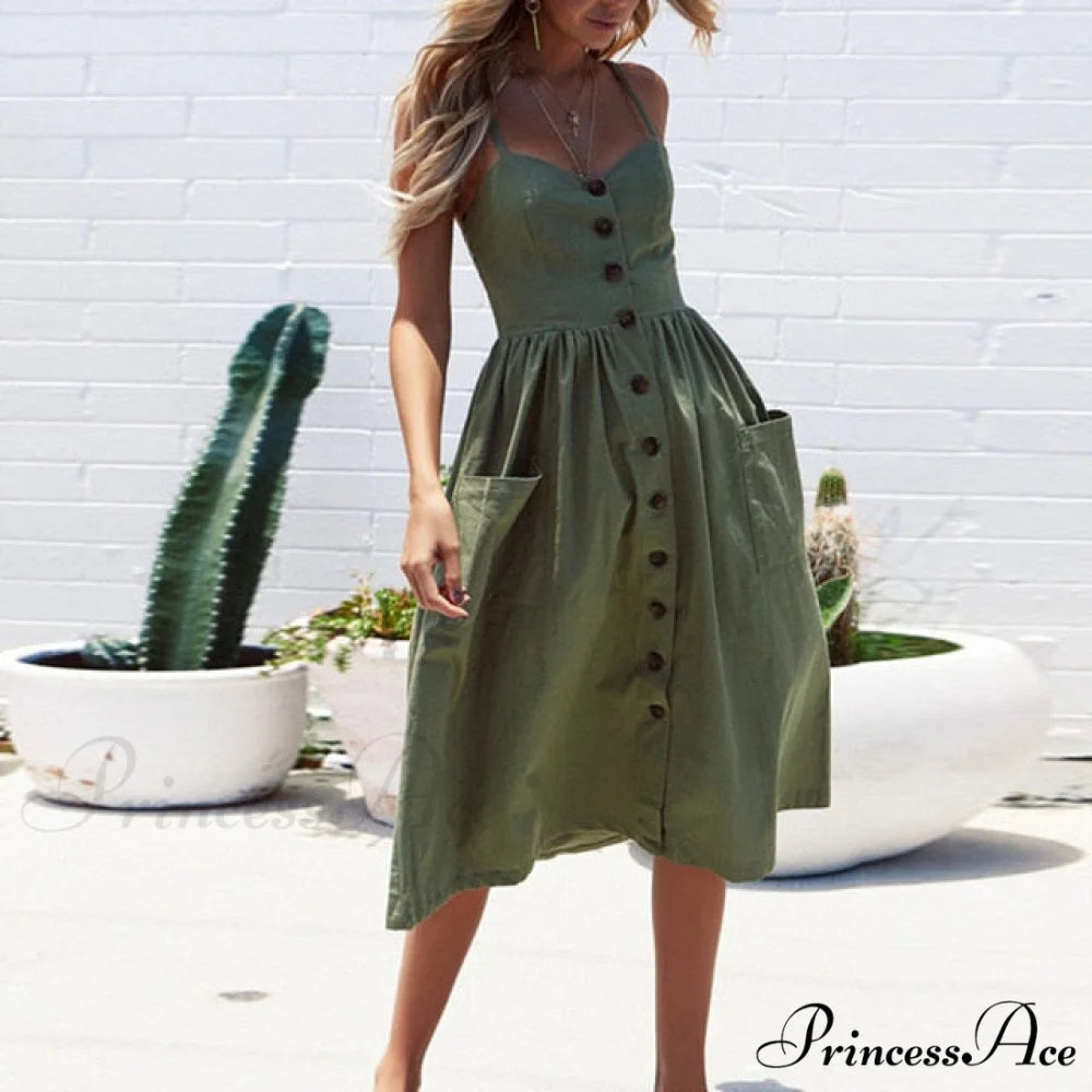 Midi Button Backless Polka Dot Striped Dress Army Green / XXL