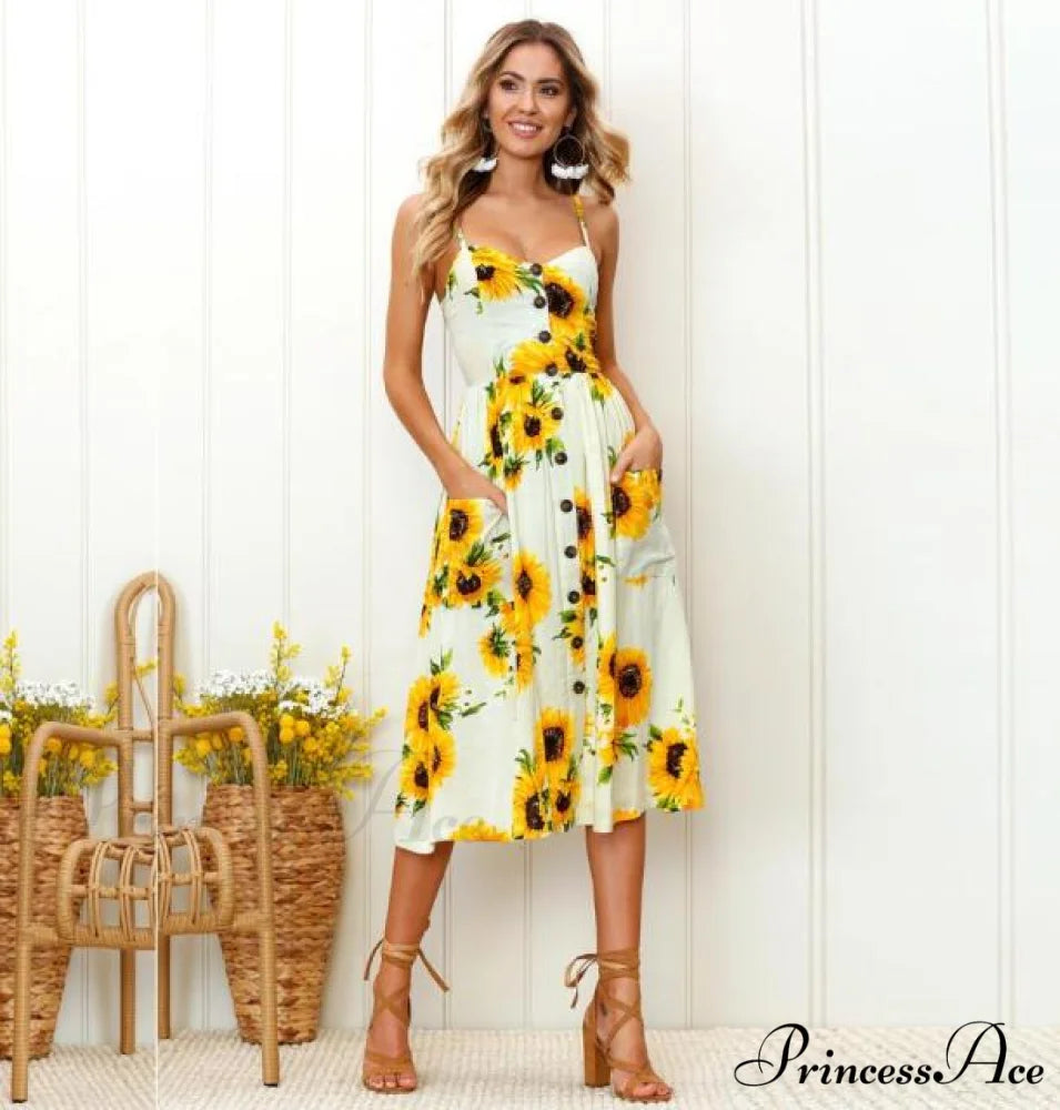 Midi Button Backless Polka Dot Striped Dress Beige / XXL