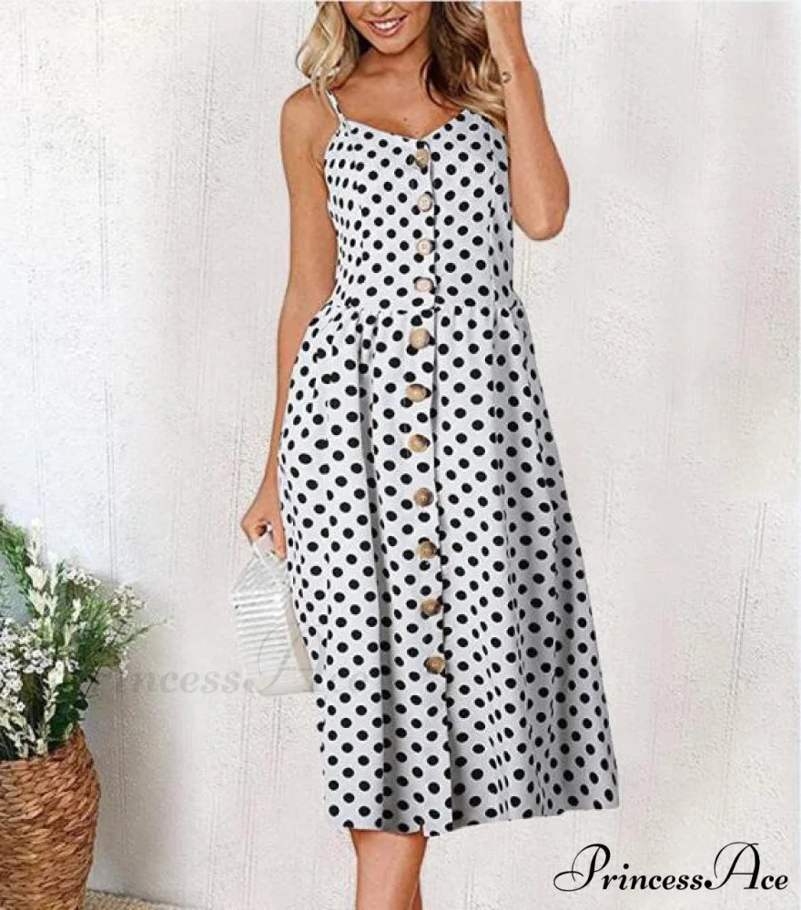 Midi Button Backless Polka Dot Striped Dress Black Dot / XXL
