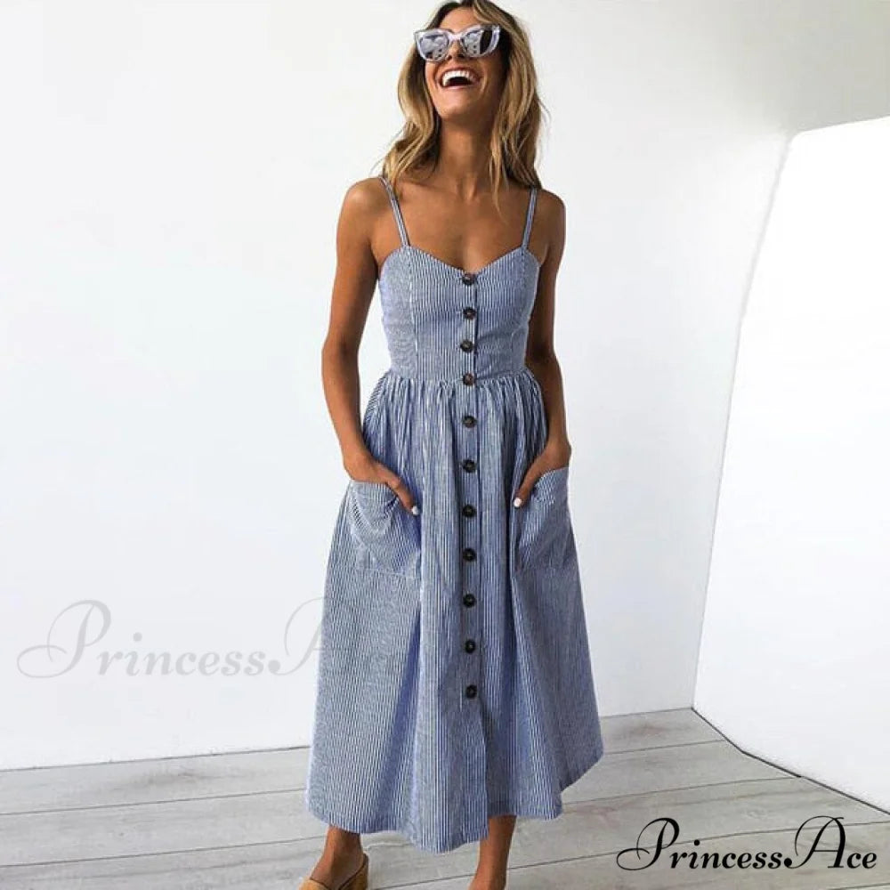 Midi Button Backless Polka Dot Striped Dress Blue Stripe / XXL