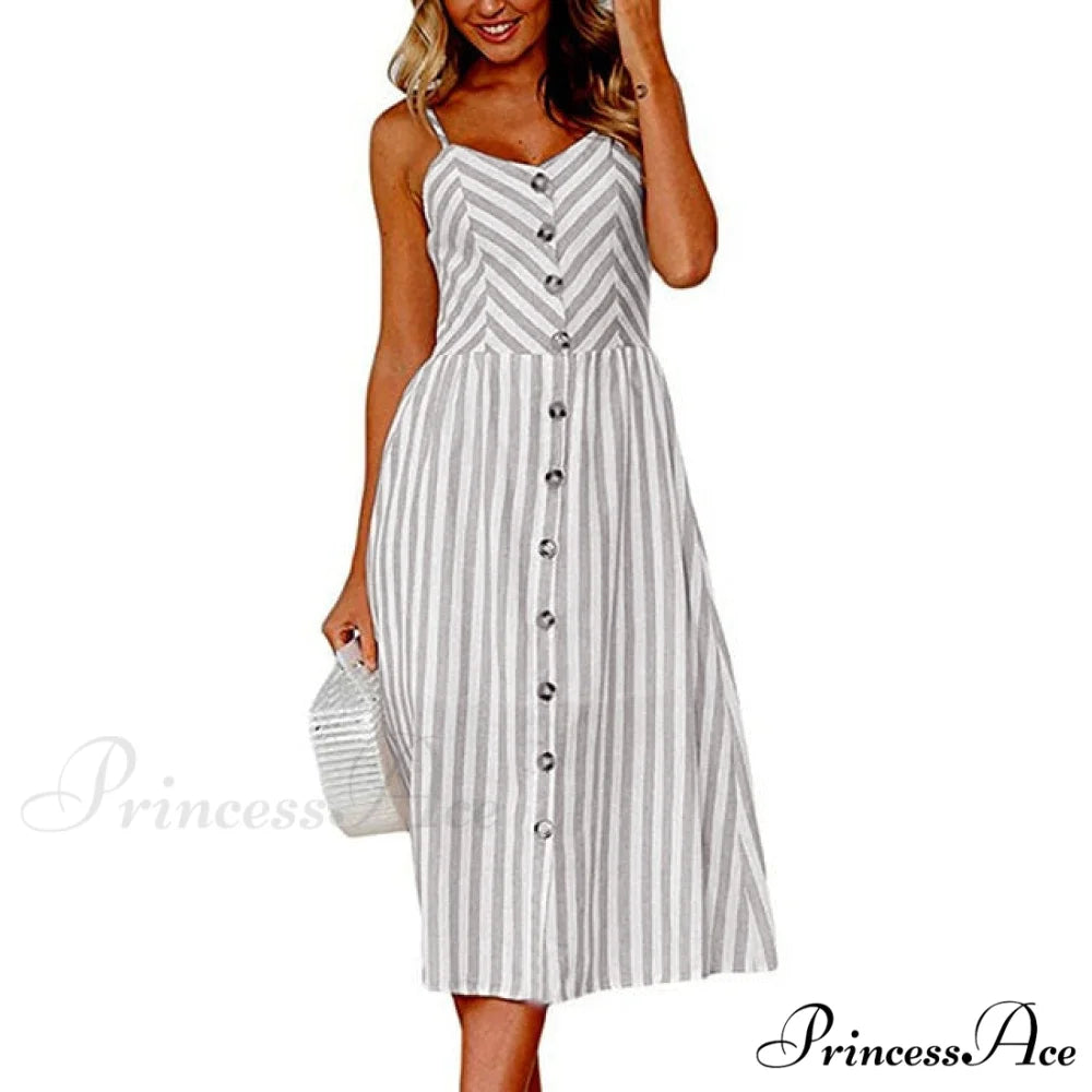 Midi Button Backless Polka Dot Striped Dress Gray / XXL