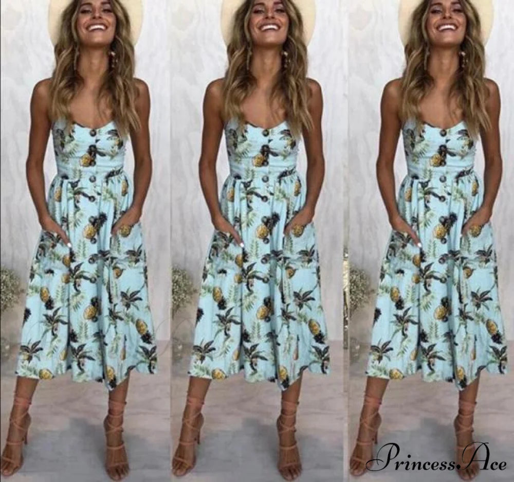 Midi Button Backless Polka Dot Striped Dress Light Blue / XXL