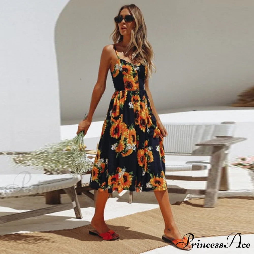 Midi Button Backless Polka Dot Striped Dress Orange / XXL