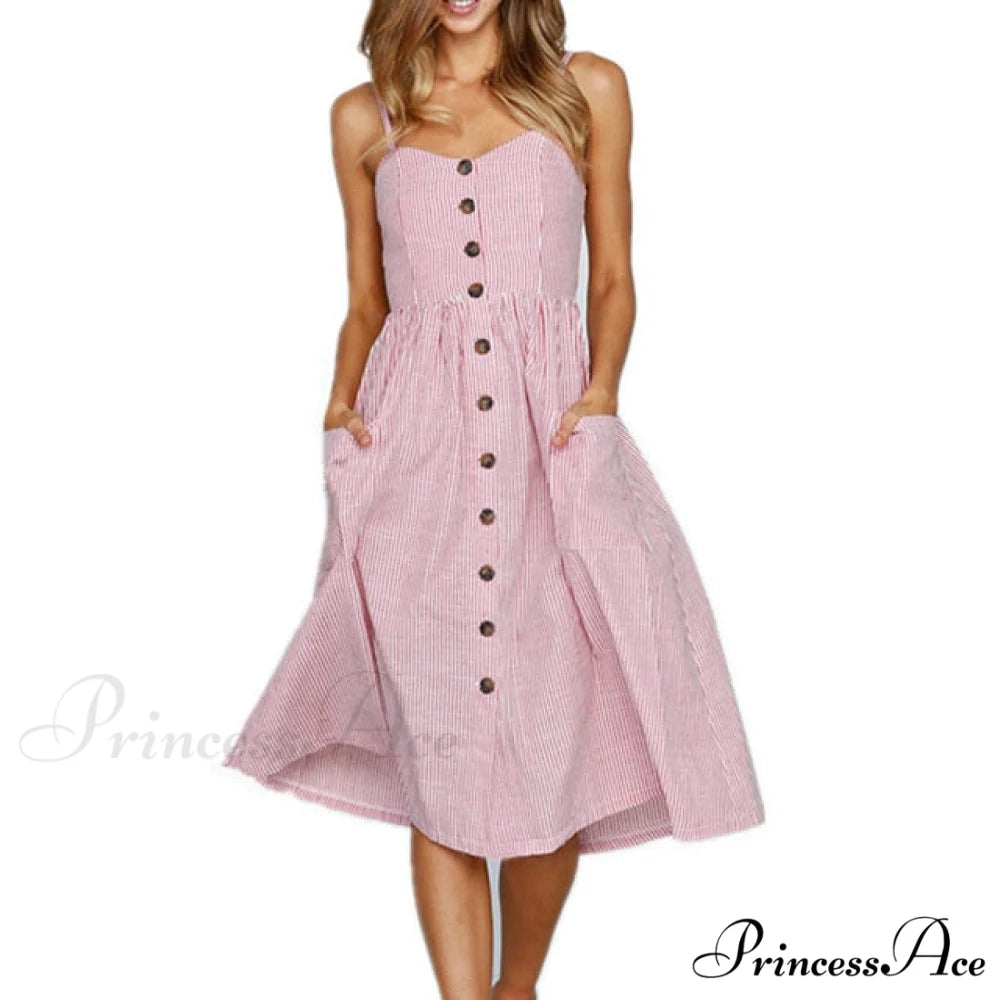 Midi Button Backless Polka Dot Striped Dress Pink Stripe / XXL