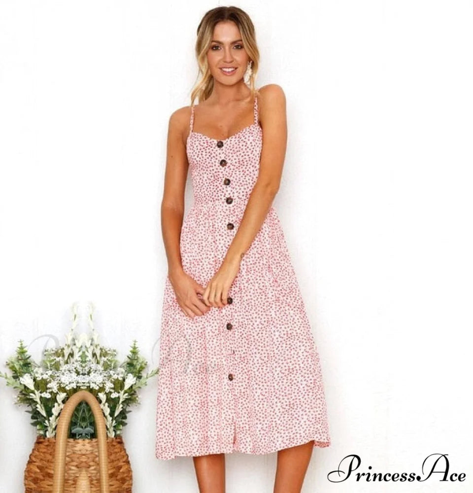 Midi Button Backless Polka Dot Striped Dress Red Flower / XXL