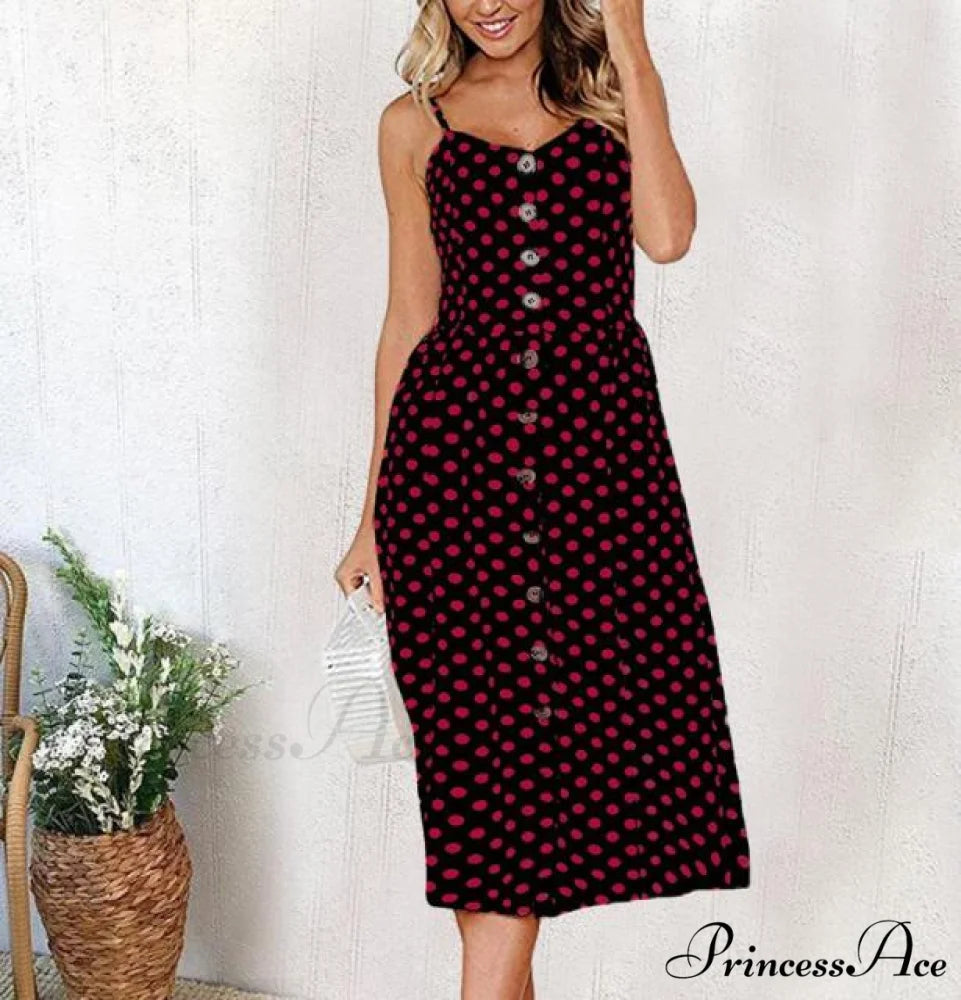 Midi Button Backless Polka Dot Striped Dress Red Dot / XXL