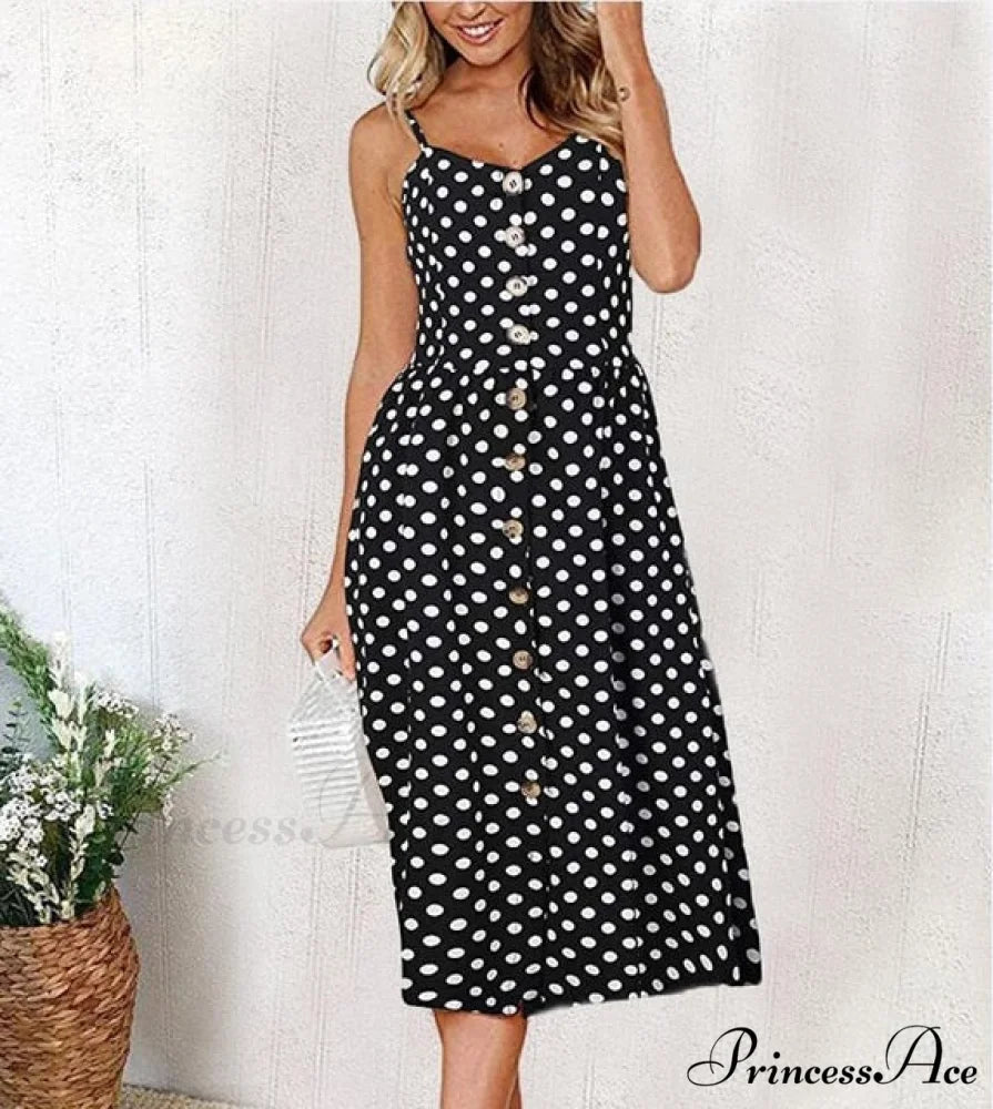 Midi Button Backless Polka Dot Striped Dress White Dot / XXL