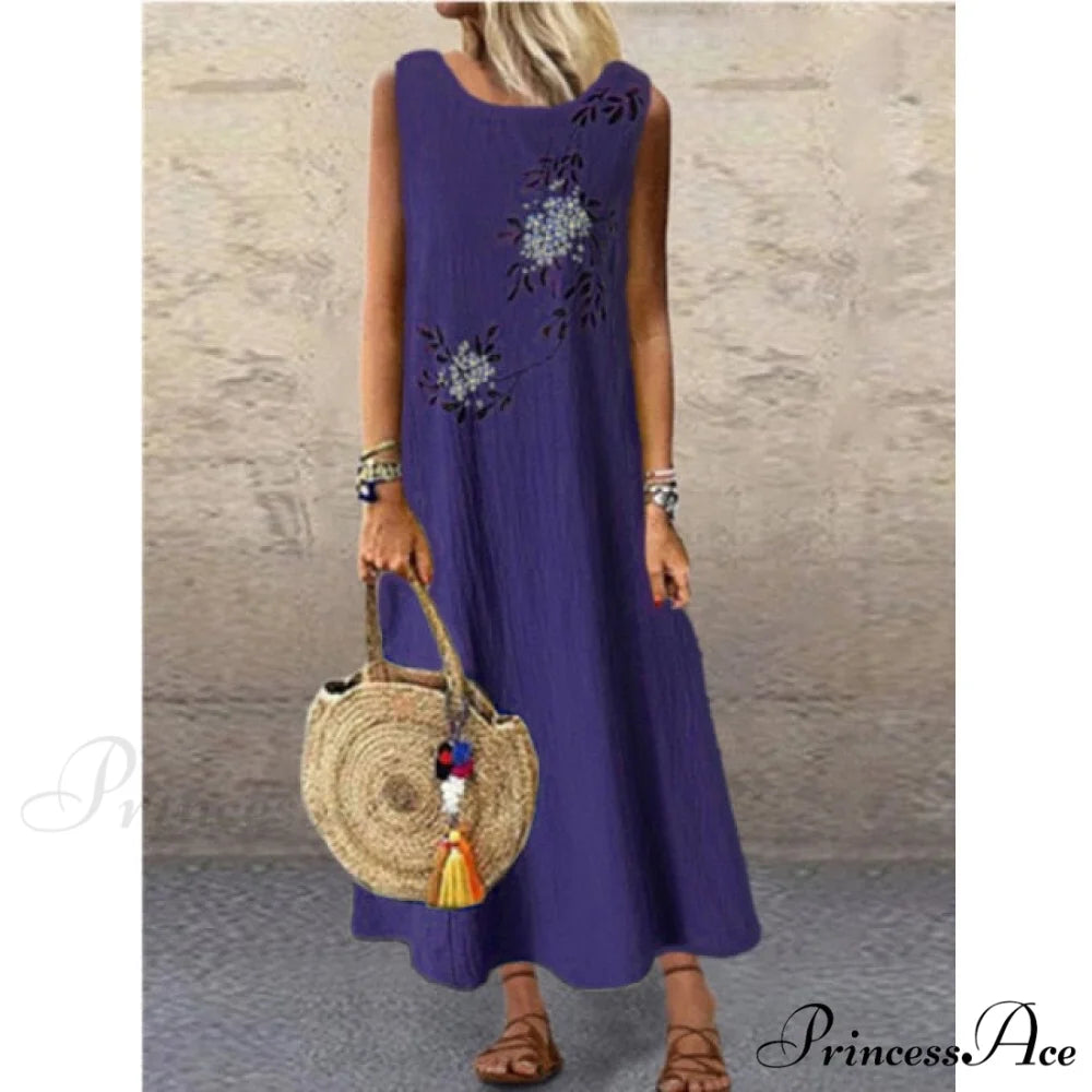 Midi Casual Linen Loose Sleeveless Maxi Dress blue / XXL