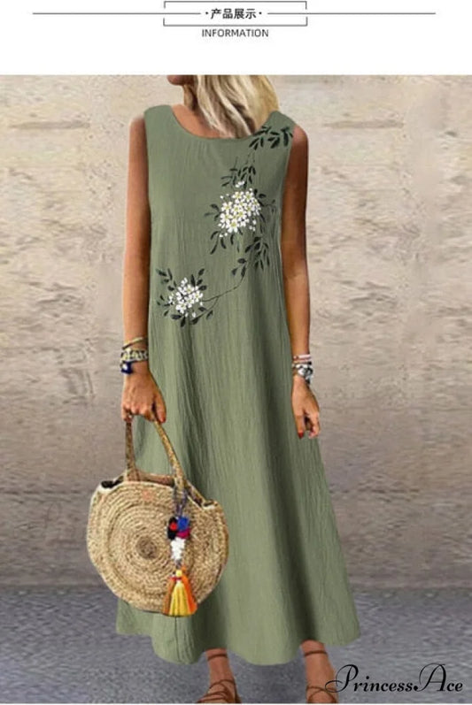 Midi Casual Linen Loose Sleeveless Maxi Dress green / XXL
