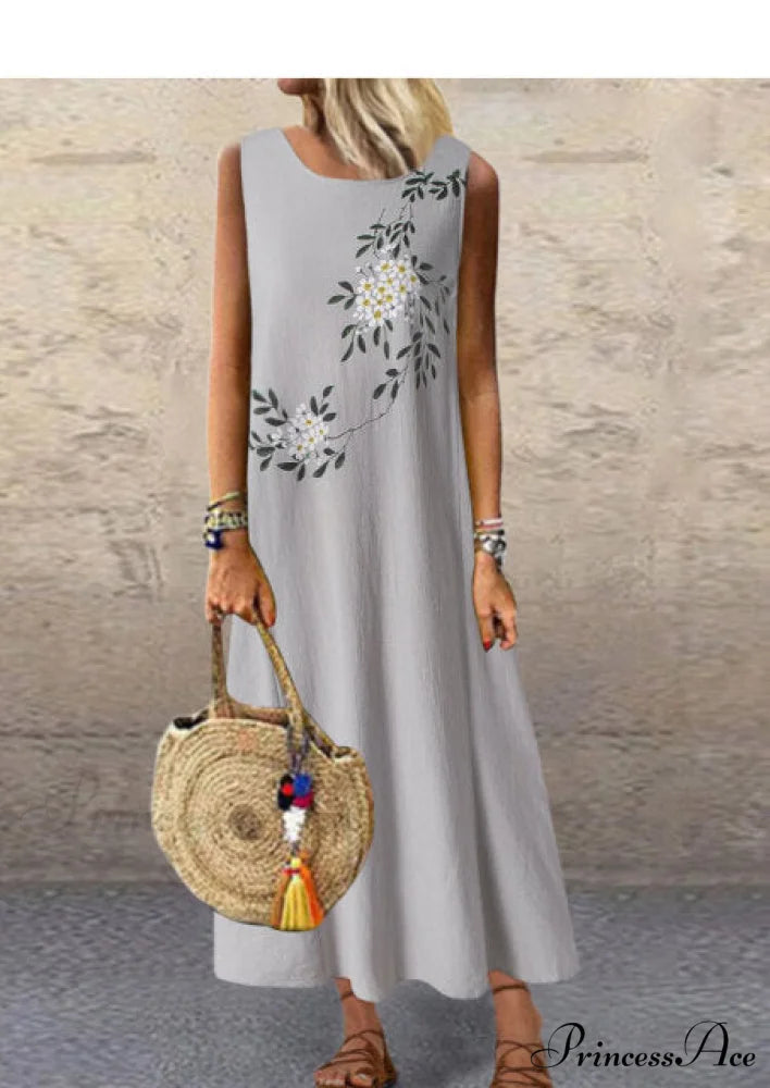 Midi Casual Linen Loose Sleeveless Maxi Dress grey / XXL