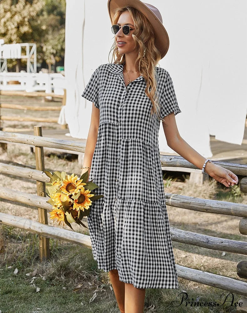Midi Coastal Sundress Plaid Gown Casual Robe Blouse Vintage Gown Warm-Season Bohemian Loose Women Vestidos Black / S