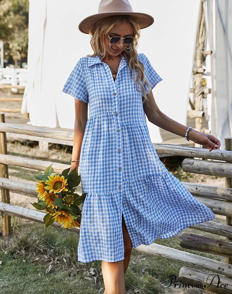 Midi Coastal Sundress Plaid Gown Casual Robe Blouse Vintage Gown Warm-Season Bohemian Loose Women Vestidos Blue / S