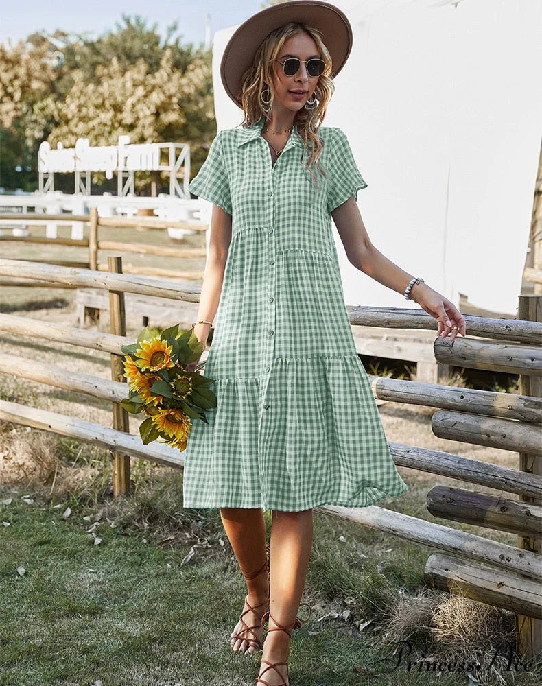 Midi Coastal Sundress Plaid Gown Casual Robe Blouse Vintage Gown Warm-Season Bohemian Loose Women Vestidos Light Green