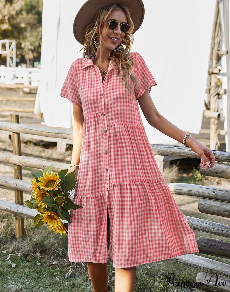 Midi Coastal Sundress Plaid Gown Casual Robe Blouse Vintage Gown Warm-Season Bohemian Loose Women Vestidos Pink / S